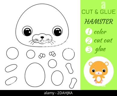 Simple jeu éducatif coloriage page couper et la colle assis bébé hamster pour les enfants. Jeu de papier éducatif pour les enfants d'âge préscolaire. Couleur, pièces coupées et Illustration de Vecteur