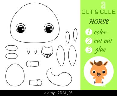 Simple jeu éducatif coloriage page couper et colle bébé cheval assis pour les enfants. Jeu de papier éducatif pour les enfants d'âge préscolaire. Couleur, pièces coupées et gl Illustration de Vecteur