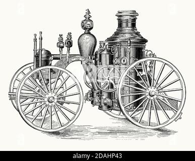 Une ancienne gravure d'un moteur d'incendie à vapeur. Il est issu d'un livre victorien d'ingénierie mécanique des années 1880. Cette machine, « Washington One », a été utilisée par les pompiers de Brooklyn, New York, États-Unis, dans la dernière partie des années 1800. Des moteurs d'incendie de pompe à vapeur ont été utilisés des années 1840 jusqu'au début du XXe siècle pour pomper l'eau vers les tuyaux d'incendie ont mis hors feux. Les grands services d'incendie urbains investiraient dans des brigades d'incendie, ou entreprises de moteurs, pour s'attaquer aux incendies. La machine à vapeur serait un cheval. Les chaudières verticales à allumage rapide, bien que lourdes, étaient des pièces d'appareil efficaces. Banque D'Images