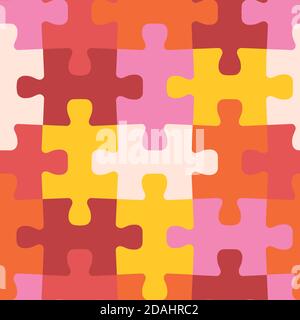 Fond vectoriel décoratif sans couture avec pièces de puzzle. Arrière-plan répétitif rose, rouge, orange, jaune. Tissu, vêtements pour enfants, emballage, papier peint Illustration de Vecteur