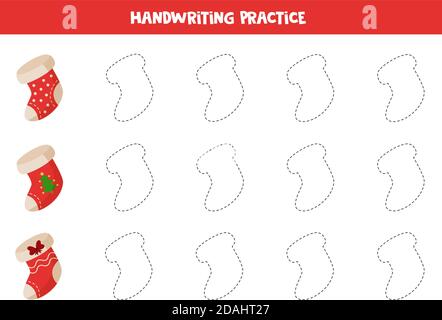 Lignes de traçage avec chaussettes de Noël à motif caricature. Pratique des compétences d'écriture. Illustration de Vecteur