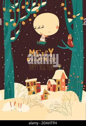 Paysage de nuit d'hiver avec petit village dans la forêt Illustration de Vecteur