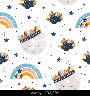 Joli motif bohème puéril sans coutures avec éléments de ciel : lune, arc-en-ciel et étoiles de style scandinave isolé sur fond blanc vecto dessiné à la main Illustration de Vecteur