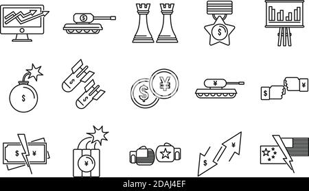 Icônes de guerre commerciale économique ensemble, style de contour Illustration de Vecteur