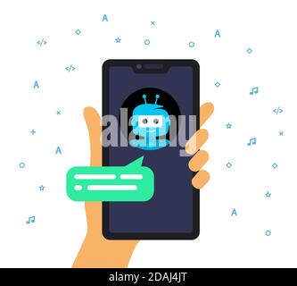 Concept de conversation de boutique en ligne avec chatbot. Main tenant un téléphone mobile. Idée de dialogue automatique Internet. Illustration vectorielle, style plat. Support technique. Illustration de Vecteur