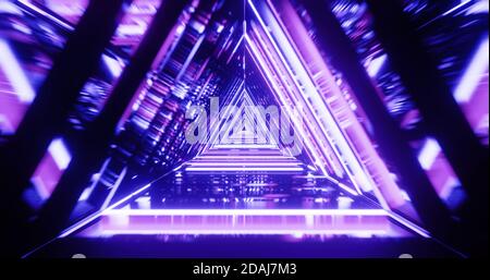 Abstrait couloir futuriste violet-bleu avec triangles, tunnel géométrique, illustration 3d Banque D'Images