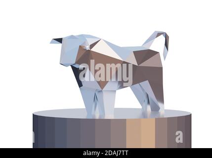 figurine d'un taureau en métal polygonal simplifié sur support cylindrique, symbole de la nouvelle année 2021, rendu 3d Banque D'Images