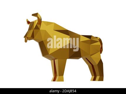 Figurine d'un Golden Bull polygonal simplifié isolé sur blanc, symbole de la nouvelle année 2021, rendu 3d Banque D'Images