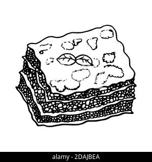 Lasagnes cuisine italienne traditionnelle. Style d'esquisse dessiné à la main. Illustration vectorielle isolée sur fond blanc pour le menu du restaurant et la conception du paquet, po Illustration de Vecteur