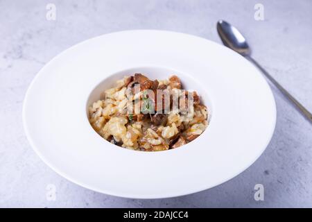 Risotto aux champignons porcini. Plats italiens traditionnels. Gros plan, orientation horizontale. Banque D'Images