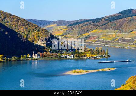 Château de burg Reichenstein, vallée du Rhin moyen supérieur (Mittelrhein), vignobles colorés, automne jaune, ciel bleu. À proximité Assmannshausen Rudeshei Banque D'Images