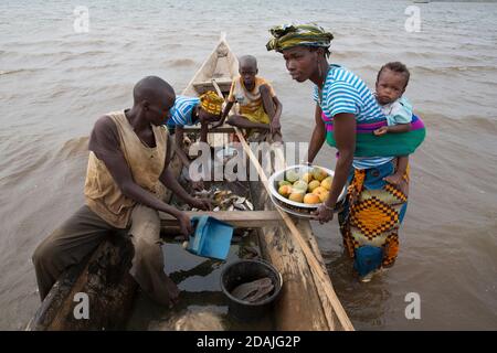 Région de Selingue, Mali, 27 avril 2015 ; Fisherman Mama Kanta, 32, Avec son frère Soumala 9 et sa sœur Fatouma 14. Ils négocient du poisson pour un sac d'arachides avec Djenebou Sidibe, qui négocie pour nourrir sa famille. Banque D'Images