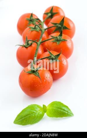 Tomate, basilic, nourriture végétarienne, composition créative de tomates cerises isolées sur blanc. Basilic frais, tomates, concept de cuisine, Banque D'Images