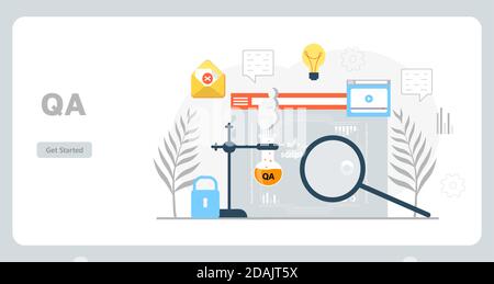 Test du vecteur de concept pour la page d'arrivée. Testeur pour le site Web et vérifie le code. Ingénieur logiciel ou QA travaillant dans la technologie numérique. Illustration de Vecteur