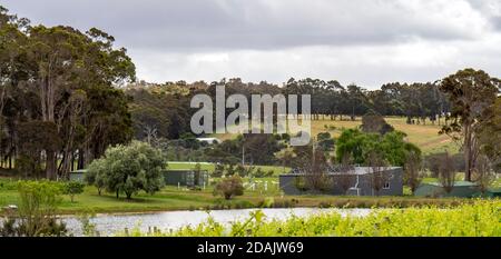 Bâtiments agricoles et granges près d'un barrage sur une ferme de Margaret River en Australie occidentale. Banque D'Images