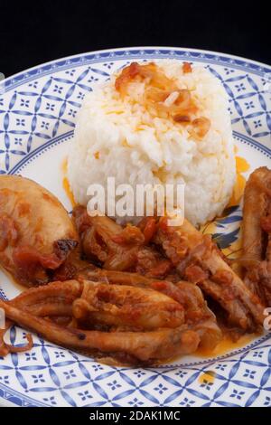 poulpe cuite avec des oignons et du riz blanc Banque D'Images