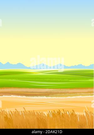 Champ de blé. Collines et prairies rurales. Décor. Vecteur. Herbe de pâturage pour les vaches et un lieu pour les potagers et l'agriculture. Horizon. Belle vue. Illustration de Vecteur