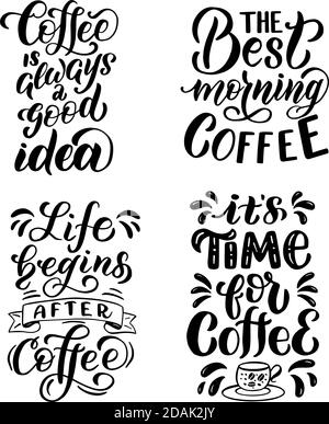 Ensemble de citations sur le café, en lettres noires sur fond blanc, dans les graphiques vectoriels. Pour la conception de cartes postales, affiches, imprimés pour t-shirts Illustration de Vecteur