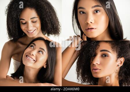 collage de femmes africaines américaines et asiatiques heureuses les uns les autres isolés sur blanc Banque D'Images