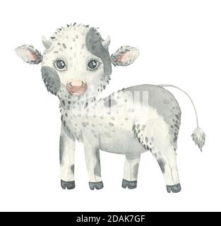 Aquarelle illustration d'une jolie vache drôle avec des taches noires isolées sur fond blanc pour la nouvelle année Banque D'Images