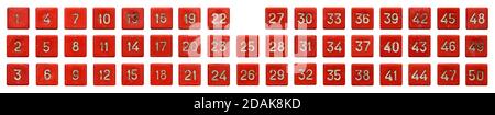 Très ancien pavé numérique, jeu de boutons en plastique rouge, numérotés de 1 à 50, isolés sur fond blanc Banque D'Images