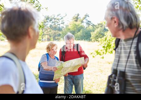 Groupe d'aînés avec carte de randonnée sur une randonnée dans nature en été Banque D'Images