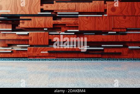Mur de blocs de bois et de pierre.Arrière-plan en bois abstrait de l'architecture moderne.3D illustration Banque D'Images