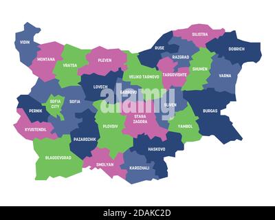 Carte politique colorée de la Bulgarie. Divisions administratives - provinces. Carte vectorielle plate simple avec étiquettes. Illustration de Vecteur