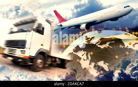 Résumé conception arrière-plan camions et transport d'avion.route et livraison.carte du monde et fret international. Image liée à la logistique. Banque D'Images