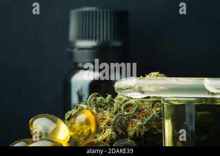Bourgeon de cannabis et huile cbd sur un sombre, gros plan macro photo produit chanvre. Banque D'Images