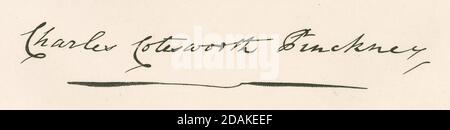 Gravure antique c1860, télécopie signature de Charles Cotesworth Pinckney. Charles Cotesworth Pinckney (1746-1825) était un ancien homme d'État américain de Caroline du Sud, ancien combattant de la guerre d'indépendance, et délégué à la Convention constitutionnelle. SOURCE : GRAVURE ORIGINALE Banque D'Images