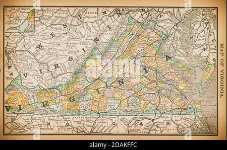 Carte du XIXe siècle de la Virginie. Publiée dans l'Atlas du Nouveau dollar des États-Unis et du Dominion du Canada. (Rand McNally & Co's, Chicago, 1884). Banque D'Images