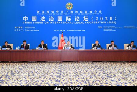 Pékin, Chine. 13 novembre 2020. Wang Chen, membre du Bureau politique du Comité central du Parti communiste de Chine et directeur du China Law Society, lit la lettre du président chinois Xi Jinping au Forum de la Chine sur la coopération juridique internationale (2020) et prononce un discours lors du forum de Pékin, Capitale de la Chine, 13 novembre 2020. Credit: Yue Yuewei/Xinhua/Alamy Live News Banque D'Images