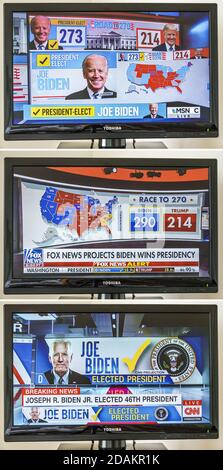 Télévision par câble écran de télévision moniteur 2020 des résultats des élections présidentielles américaines, Joe Biden Donald Trump votes populaire de collège électoral nombre de votes, MSNBC CNN F Banque D'Images