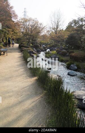 Un homme et une femme marchant sur un chemin à côté d'un ruisseau dans le jardin japonais de Daisen Park à Sakai City, Japon. Banque D'Images