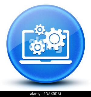 Ordinateur portable et Gears œil boule brillant bleu bouton rond illustration abstraite Banque D'Images