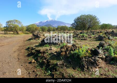 Paysage volcanique typique autour du volcan Etna un point de repère de la nature En Sicile et tourisme de plein air Banque D'Images