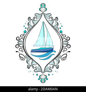 Bateau à voile sur les vagues. Image vectorielle magnifiquement encadrée. Illustration de Vecteur