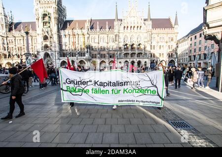 Munich, Bavière, Allemagne. 13 novembre 2020. Vendredi pour l'avenir l'Allemagne est revenue dans les rues pendant la deuxième vague de coronavirus pour protester contre le défrichement de la forêt de DannenrodÂ (Dannenr Forst). Les manifestants se sont emparés de Marienplatz jusqu'aux bureaux du Parti Vert où trois manifestants ont gravi un arbre et ont accroché une bannière, ce qui a finalement abouti à une réponse de la police qui a été initialement résolue pacifiquement jusqu'à ce que des officiers en civil non identifiés aient tenté une arrestation sans s'identifier selon les témoins. La forêt est actuellement en cours de propreté pour l'Aut Banque D'Images