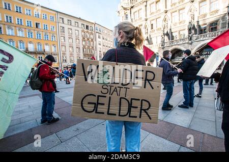 Munich, Bavière, Allemagne. 13 novembre 2020. Vendredi pour l'avenir l'Allemagne est revenue dans les rues pendant la deuxième vague de coronavirus pour protester contre le défrichement de la forêt de DannenrodÂ (Dannenr Forst). Les manifestants se sont emparés de Marienplatz jusqu'aux bureaux du Parti Vert où trois manifestants ont gravi un arbre et ont accroché une bannière, ce qui a finalement abouti à une réponse de la police qui a été initialement résolue pacifiquement jusqu'à ce que des officiers en civil non identifiés aient tenté une arrestation sans s'identifier selon les témoins. La forêt est actuellement en cours de propreté pour l'Aut Banque D'Images