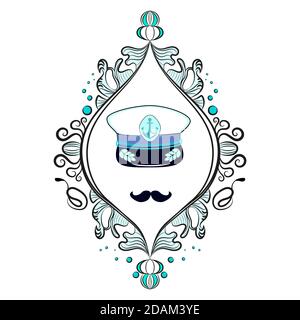 Chapeau de capitaine. Capitaine moustache. Illustration vectorielle encadrée. Couleur bleue. Illustration de Vecteur