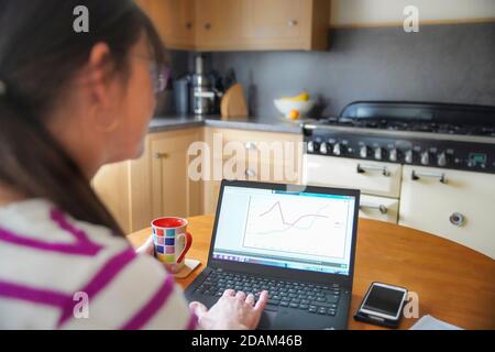 Vue latérale d'une femme isolée à la maison, travaillant sur un ordinateur portable dans sa cuisine. Faire comme d'habitude pendant les mois de confinement de la pandémie de 2020. Banque D'Images
