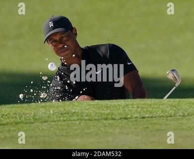 Augusta, États-Unis. 13 novembre 2020. Tiger Woods sort du sable sur le 2ème trou lors de la deuxième partie du tournoi de golf Masters 2020 au Augusta National Golf Club, Géorgie, le vendredi 13 novembre 2020. Photo de Kevin Dietsch/UPI crédit: UPI/Alay Live News Banque D'Images