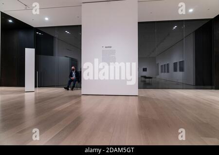 New York, États-Unis. 13 novembre 2020. Garde de sécurité vue dans l'une des galeries des MoMA pendant la première exposition de révélation d'automne à New York le 13 novembre 2020. 18 nouvelles galeries présentant des œuvres de la collection du Musée ont été dévoilées. Près de 40,000 mètres carrés des galeries de collection du Musée s'étendant sur trois étages du Musée ont été transformés, pour la première fois dans la toute première exposition de révélation d'automne. (Photo de Lev Radin/Sipa USA) crédit: SIPA USA/Alay Live News Banque D'Images