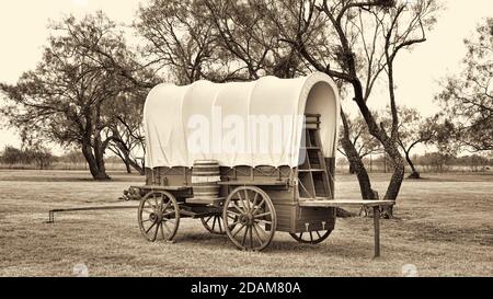 Vieux wagon sauvage couvert ouest au Texas avec arbres Mesquite en sépia noir et blanc. Banque D'Images