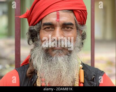 Professionnel indien de la fortune de teller et mystique avec le turban rouge et la marque rouge tilak sur son front pose pour la caméra. Banque D'Images