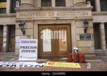 Bogota, Colombie. 13 novembre 2020. Les agriculteurs colombiens et les producteurs de pommes de terre ont protesté pour exiger des solutions gouvernementales à la crise dans le secteur qui les a forcés à vendre leur production sur les routes et les péages du pays pour amortir les pertes économiques. Crédit : Daniel Garzon Herazo/ZUMA Wire/Alay Live News Banque D'Images