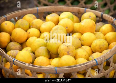 Oranges à vendre à partir d'un panier sur le marché, Amlapura, Bali, Indonésie Banque D'Images