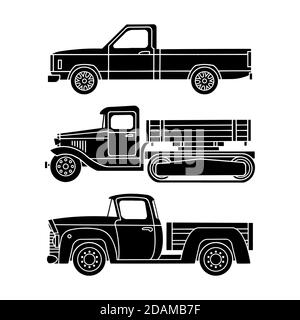 Ensemble de silhouettes noires de camions rétro sur fond blanc. Vecteur Illustration de Vecteur