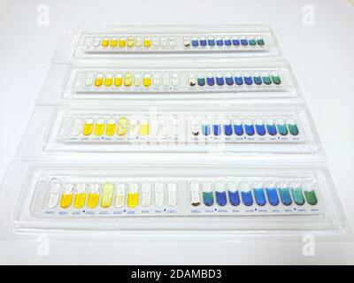Kits de test d'identification des bactéries pour l'identification des bactéries à Gram positif et à Gram négatif et des levures. Banque D'Images